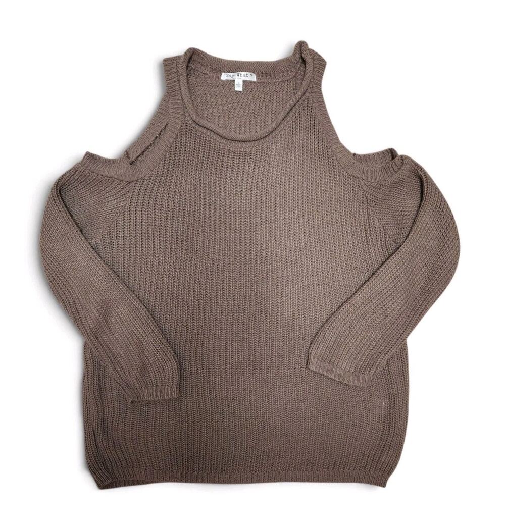 Say What? Women's Size Medium M Brown Chunky Knit Cold Shoulder Cozy Sweater